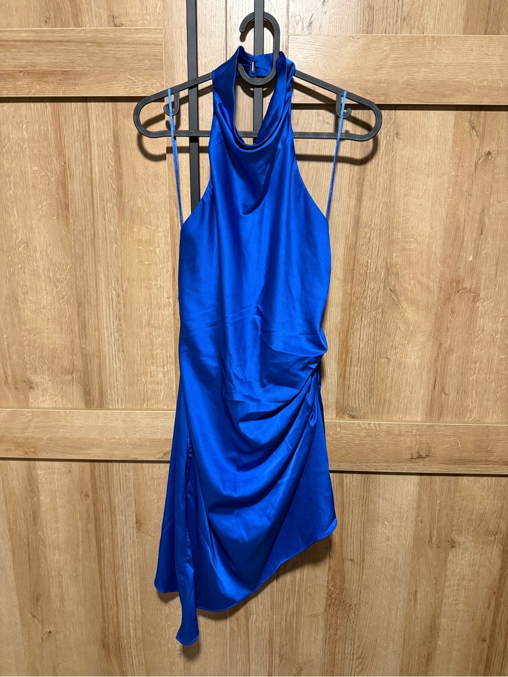 Satin Halter Neck Asymmetrical Dress- Cobalt Blue